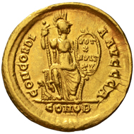 Lot 34. AV Solidus Theodosius I. Constantinople. 388-392 AD. RIC 71a. About EF. 1,500 euros.