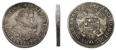 Lot 84. Southern Netherlandish, Silver Dukaton struck on double weight 1618, Albert and Isabella, Duchy of Brabant. Delm. 248a (R2). VF. 4,125 euros.