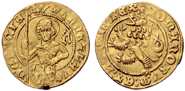 609 Holy Roman Empire. Wenceslas IV of Bohemia (1378-1419), Auerbach. Gold gulden. Extremely rare. About extremely fine. Estimate: 10,000 Euros. Price realized: 38,000 Euros.
