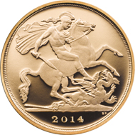Great Britain / Quarter-Sovereign 2014 / 22 carat gold / 1.997g / 13.50mm / Design: Ian Rank-Broadley FRBS (obverse), Benedetto Pistrucci (reverse) / Mintage: 4,575.