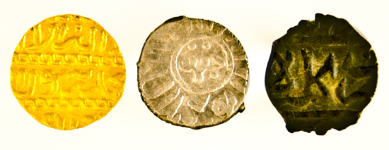 Mamluk coins from the Richard E. Undeland Collection at Princeton University: Al-Zahir Abu Sa'id Jaqmaq, Sultan of Egypt AH 842-57 (CE 1438-53): gold dinar, Cairo mint; silver dirham, Damasus mint; bronze fals (no mint).