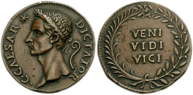 Coin invented by Cavino that pretends to be minted by C. Julius Caesar. From CNG 132 (2006), 286.