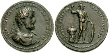Imitation by Cavino of a sestertius of Septimius Severus. The depiction of Mars on its reverse is not comparable with a product of a Roman mint in regard to its perception of the body. From CNG 132 (2006), 306.