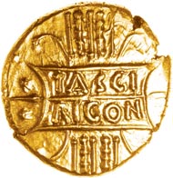Tribute money? Tasciovanos gold stater found near St. Albans, Herts. To be sold by Chris Rudd in January 2014. Photo: E. Cottam.