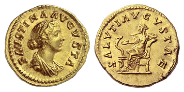 328: Faustina II, + 176. Aureus, 161-164. Mint state. E. Beckenbauer Coll. Bankhaus Aufhäuser 5 (1988), 317. Starting price: 9,000 euros. Hammer price: 23,000 euros.