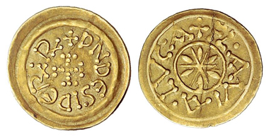 434: Lombards. Desiderius, 757-773. Tremissis, Lucca. From auction sale Ratto 1965, no. 543. Extremely rare. About extremely fine. Starting price: 5,400 euros. Hammer price: 9,500 euros.