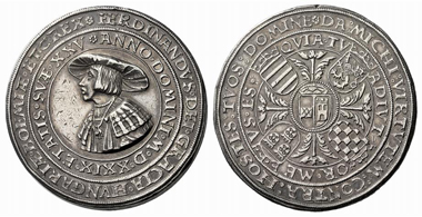 446: HRE. Ferdinand I, 1521-1564. 2 1/4 schauthaler 1529, Joachimstal. Trace of mounting(?), extremely fine. Starting price: 1,800 euros. Hammer price: 15,000 euros.