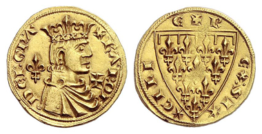 759: Italy. Kingdom of Naples. Charles I of Anjou. Reale d'oro, Barletta. Grigoli 4 (1990), 569. Extremely rare. Extremely fine. Starting price: 15,000 euros. Hammer price: 42,000 euros.