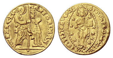 829: Italy. Venice. Antonio Grimani, 1521-1523. Ducato, n. y. Extremely rare. Very fine. Starting price: 12,000 euros. Hammer price: 21,000 euros.