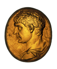 Traianus, bust with laurel, after Traianus' death, c.115-117 CE. Glass paste, 16 x 14mm. © Musée d'art et d'histoire, Geneva. Inv. CdN, MF 2967.