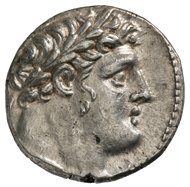 Tyre (Phoenicia). Tetradrachm, 106-105 B. C. Head of Melkart with laurel wreath r. Rev. eagle standing l. on prow, palm branch over the shoulder. © MoneyMuseum.