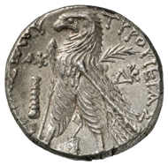 Tyre (Phoenicia). Tetradrachm, 106-105 B. C. Head of Melkart with laurel wreath r. Rev. eagle standing l. on prow, palm branch over the shoulder. © MoneyMuseum.