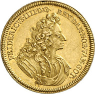 416: Denmark. Frederick IV, 1699-1730. 5 ducats 1704, Copenhagen. Friedberg 246. From auction sale Künker 244 (6th February 2014), 416 (extremely fine; estimate: 75,000 euros).