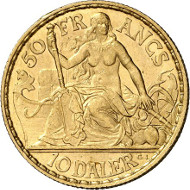 421: Danish West Indies. Christian IX, 1863-1906. 50 francs (10 daler) 1904, Copenhagen. Friedberg 1. From auction sale Künker 244 (6th February 2014), 421 (extremely fine; estimate: 4,000 euros).