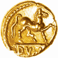 CVNO/DVBN gold quarter stater, c.AD 43, ABC 3008. Only three others recorded. Found by Tom Lesurf at Bourne End, Beds., 5 October 2013. It was sold 13 January 2014 for 10,200 GBP. Photo: Elizabeth Cottam & Chris Rudd.