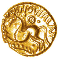 Gold stater of Dubnovellaunos, ABC 2392, struck at Camulodunon. He was deposed by Cunobelinus, c.AD 8-10, and is unlikely to have struck the CVNO/DVBN quarter staters. Photo: Elizabeth Cottam & Chris Rudd.