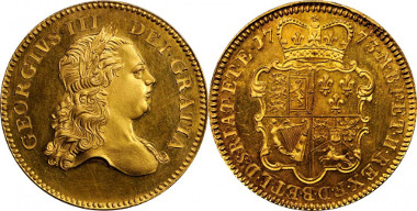 1003: GREAT BRITAIN. George III, 1760-1820. Pattern 5 Guineas, 1773. S-3723; Fr-350; KM-Pn52. Starting price: $60,000. Sold for: $440,625.