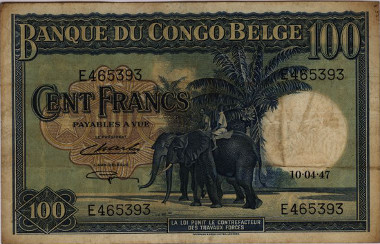Belgian Congo. 100 Francs, 1946/47. Motif: Elephants with riders. © HVB Stiftung Geldscheinsammlung, München.