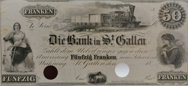 Switzerland. 50 Francs, circa 1852. Steam locomotive with coupled wagons, viaduct in background. © HVB Stiftung Geldscheinsammlung, München.