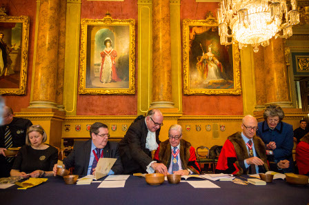 In front of the jury members are the pyxes, or boxes. Photograph: The Goldsmiths' Company/Richard Lea-Hair