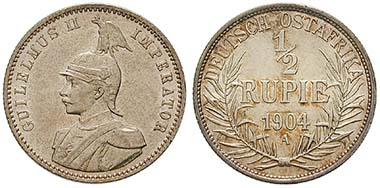 German East Africa, 1/2 Rupee 1904. Ar. J. 721. Ritter, special list
