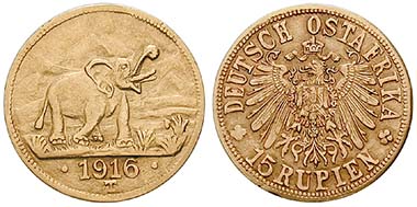 German East Africa, 15 Rupees 1916, Tabora. Au. J. 728a. Ritter, special list