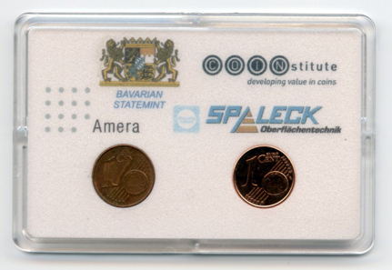 Test results of the work group: Euro cent with traditional treatment (left) and Euro cent after many days in circulation, still shiny due to a special coating (right).