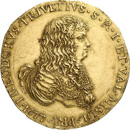 468: Italy / Retegno. Antonio Teodoro Trivulzio, 1676-1678. 10 zecchini 1677, Retegno. Fb. 986. Very rare. Extremely fine. Estimate: 100,000 euros. Hammer price: 115,000 euros.