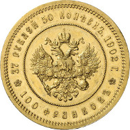 736: Russia. Nicholas II, 1894-1917. 37 1/2 roubel (100 franken), 1902, St. Petersburg. From auction sale Hess/Leu 32 (1967), 935. Mintage only 225 specs. About mint state. Estimate: 75,000 euros. Hammer price: 130,000 euros.