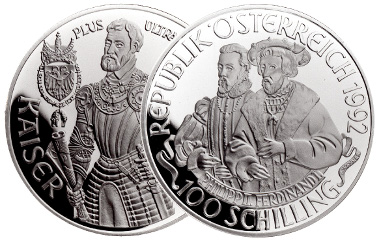 100 shilling coin. Philip II and Ferdinand I. Rev. Charles V. Mintage: 75,000 specs. Photo: Austrian Mint.