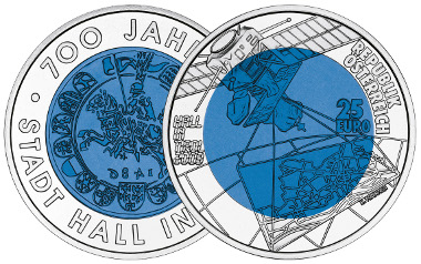 25 euro coin 2003. 700 Years Hall in Tirol. Obv. Herbert Wähner. Mintage: 50,000 specs. Photo: Austrian Mint.