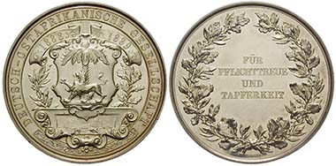 Ord. no. 45528 - Pewter medal 1889 from Weigand. Medal for Bravery of the German East Africa Company. Coat of arms / FÜR PFLICHTTREUE UND TAPFERKEIT 49.5 mm. 55.07 g. Very rare. Brilliant uncirculated / About brilliant uncirculated. 2,500.- Euros.