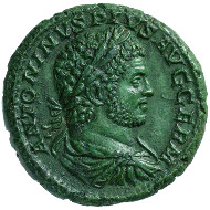 Roman Imperial Times. Caracalla (198-217). As, 215. Cuirassed bust of Caracalla with laurel wreath r., wearing the military cloak. Rev. Asclepius of Pergamum with the serpent-entwined staff standing in frontal position, Telesphorus to the left (Greek: bringer of completion), and Omphalus. © MoneyMuseum, Zürich.