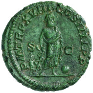 Roman Imperial Times. Caracalla (198-217). As, 215. Cuirassed bust of Caracalla with laurel wreath r., wearing the military cloak. Rev. Asclepius of Pergamum with the serpent-entwined staff standing in frontal position, Telesphorus to the left (Greek: bringer of completion), and Omphalus. © MoneyMuseum, Zürich.