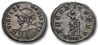 Antoninianus showing, on the obverse, Probus in military dress. Ex Pecunem & Gitbud & Naumann, Auction 9 03/11/2013; Probus, antoninianus: VIRTVS PROBI AVG, helmeted, radiate and cuirassed bust of Probus left, holding with his right hand a spear leant against his right shoulder, with his left a shield; SECVRITAS PERP, Securitas stands facing forwards, her head turned to the left, and leaning on a column. Ticinum mint. RIC 526, C 617.