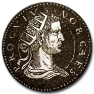 Image of a fantasy coin of Proculus, taken from J. de Strada, Epitome Thesauri Antiquitatum, hoc est, Impp. Rom. Orientalium et Occidentalium iconum, ex antiquis numismatibus quàm fidelissimè delineatarum: ex musaeo Iacobi de Strada Mantuani antiquarii, (Lyon, 1553) p. 163.