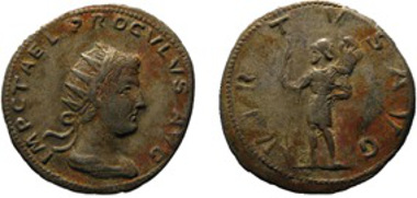 Forged specimen from the 16th century cast by hand by the Illustrator of the Historia Augusta. 1579: H. Goltzius, Thesaurus rei antiquariae huberrimus; ex antiquis tam numismatum quam marmorum inscriptionibus pari diligentia qua fide conquisitus ac descriptus, & in locos communes distributus, Anversa 1579; 1579: A. Occo, Impp. Romanorum numismata a Pompeio Magno ad Heraclium, Anvers 1579; 1595: F. Orsini, Fragmenta Historicorum, Anversa, 1595; 1647: J.-J. Chifflet, Vindiciae Hispanicae, in quibus arcana regia publico pacis bono luce donantur, Anvers 1647; 1683: F. Mezzobarba, Imperatorum Romanorum Numismata, Milan 1683; 1730: F. Argelati, Imperatorum Romanorum Numismata, a Pompeio Magno ad Heraclium ab Adolfe Occone olim congesta Milan 1730; 1718: A. Banduri, Numismala Imperatorum Romanorum a Trojano Decio ad Palaeologos Augustos, Paris 1718; 1791: H. Tanini, Numismatum Imperatorum Romanorum ... ab A. Bandurio editorum Supplementum, Rome, 1791. Source: S. Estiot, Atti del XIIe colloque international de l'HA, 2-4 juin 2011 Nancy, Probus et les 'tyrans minuscules', Proculus et Bonosus. Que dit la monnaie?, in the press.).