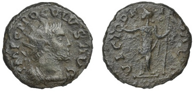 Image from the DNW auction catalogue of the second known example of an antoninianus in the name of Proculus. Catalogue DNW 10 April 2013 lot 694.
