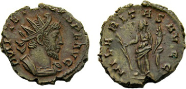Antoninianus in the name of Tetricus issued by the Cologne mint. Auction sale A. Tkalec AG May 2010 lot 409.