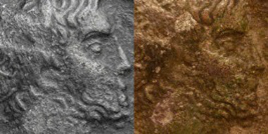 Image of the second example before and after its inclusion in the Numismatik Lanz sale: in the second image the silvering can be seen underlying the patina.