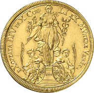 Lot 3256: GERMANY. Nuremberg. Gold pattern of 5 ducats of the thaler 1698 on the Treaty of Ryswick. Very rare. Extremely fine to FDC. Estimate: 18,000 euros. Final price: 33,500 euros.