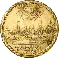 Lot 3256: GERMANY. Nuremberg. Gold pattern of 5 ducats of the thaler 1698 on the Treaty of Ryswick. Very rare. Extremely fine to FDC. Estimate: 18,000 euros. Final price: 33,500 euros.