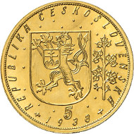 569: Czechoslovakia. 5 ducats 1938, Kremnica. Fb. 5. Mintage only 56 specimens. About mint state. Estimate: 10,000 euros. Hammer price: 110,000 euros.