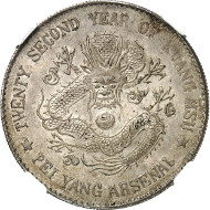3164: China. Pei-Yang Province. 1 dollar year 22 (1896). Graded MS 62 by NGC. Dav. 186. Very rare. Extremely fine to mint state. Estimate: 15,000 euros. Hammer price: 140,000 euros.