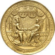 5027: Baums Collection. Poland. Danzig. Gold medal of 16 ducats 1646 by J. Höhn, on the second wedding of Wladyslaw IV with Marie Louise Gonzaga. H.-Cz. 1859var. (silver there). From auction sale Helbing 38 (1913), 3022. Extremely rare. About extremely fine. Estimate: 20,000 euros. Hammer price: 42,000 euros.