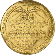 5027: Baums Collection. Poland. Danzig. Gold medal of 16 ducats 1646 by J. Höhn, on the second wedding of Wladyslaw IV with Marie Louise Gonzaga. H.-Cz. 1859var. (silver there). From auction sale Helbing 38 (1913), 3022. Extremely rare. About extremely fine. Estimate: 20,000 euros. Hammer price: 42,000 euros.