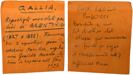 This document tells us that the coins were given up for sale by the Museum in Rovereto in order to pay for heating bills. The document was found among the Celtic gold coins at an auction a few months ago.(Coll. Paolo Prof. Orsi. Venduto a me dal direttivo del museo per mancanza di fondi per pagare il riscaldamento dell'ufficio del museo).