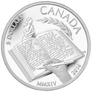The reverse image of this 99.99 per cent pure silver coin was designed by Canadian artist Laurie McGaw and features an ethereal female figure emerging from a pen as a representation of one of the many central characters from Alice Munro's beloved short stories. © Royal Canadian Mint.