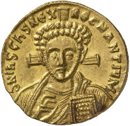 Byzantine Times. Justinian II, 2nd reign (705-711). Solidus, Constantinople. Facing bust of Christ with nimbus, raising right hand in benediction and holding book of gospels in left. Rev. Crowned facing bust of Justinian, holding cross potent on three steps in right hand and patriarchal globe inscribed with 'PAX' (Lat. peace) in left. © MoneyMuseum, Zürich.