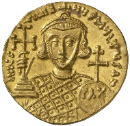 Byzantine Times. Justinian II, 2nd reign (705-711). Solidus, Constantinople. Facing bust of Christ with nimbus, raising right hand in benediction and holding book of gospels in left. Rev. Crowned facing bust of Justinian, holding cross potent on three steps in right hand and patriarchal globe inscribed with 'PAX' (Lat. peace) in left. © MoneyMuseum, Zürich.